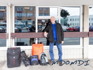 John Butler (GD0NFN) waiting at the sea terminal in Douglas, Isle of Man for our Taxi to Germany.