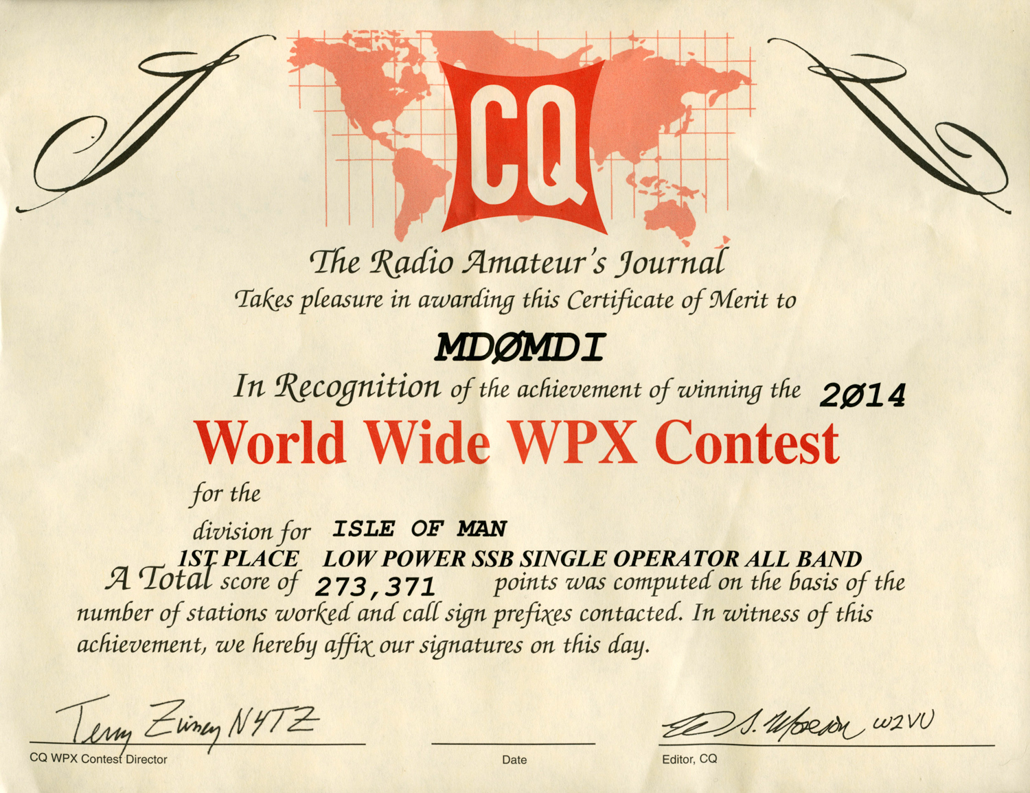 World Wide WPX Contest 2014 1st Place Certificate