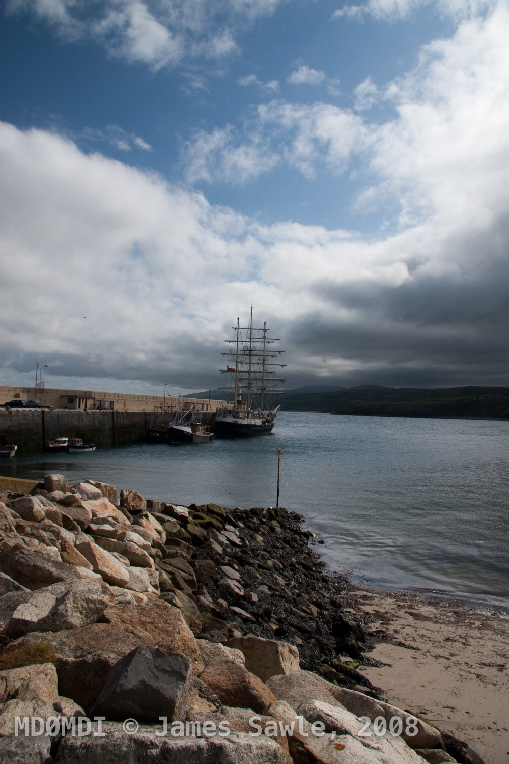 The Tenacious Sail Training Vessel moored at the end of Peel Breakwater.