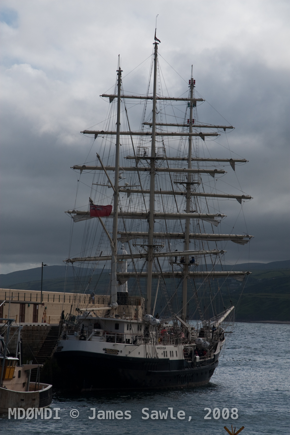 The Tenacious Sail Training Vessel moored at the end of Peel Breakwater.