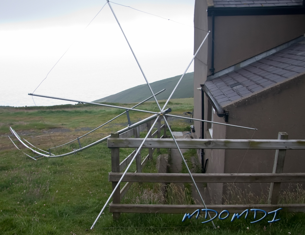 A close-up of the capacitive hat at the top of the GAP Voyager vertical antenna