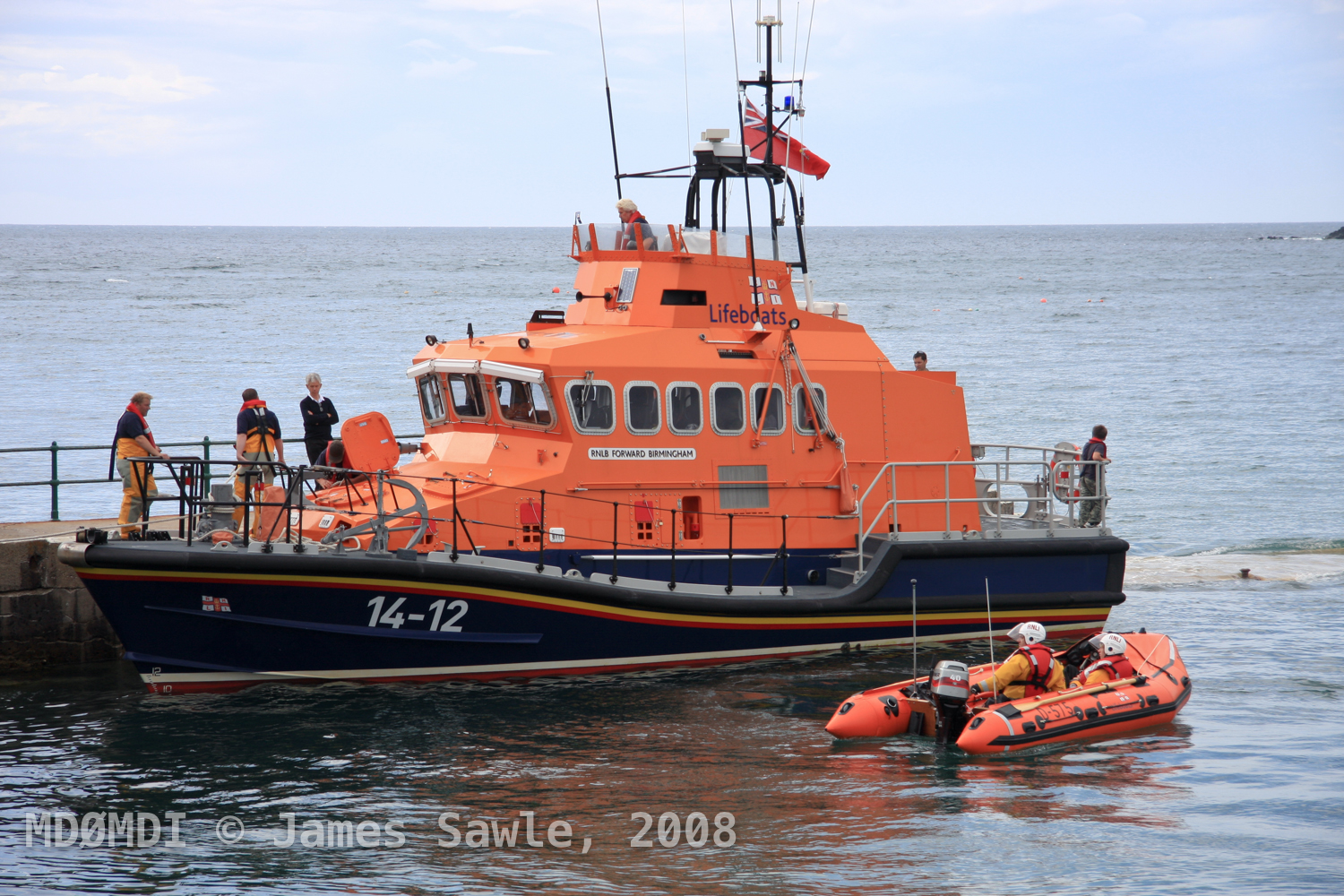 Big Offshore Lifeboat in Port Erin Harbour with the Inshore Lifeboat along side.