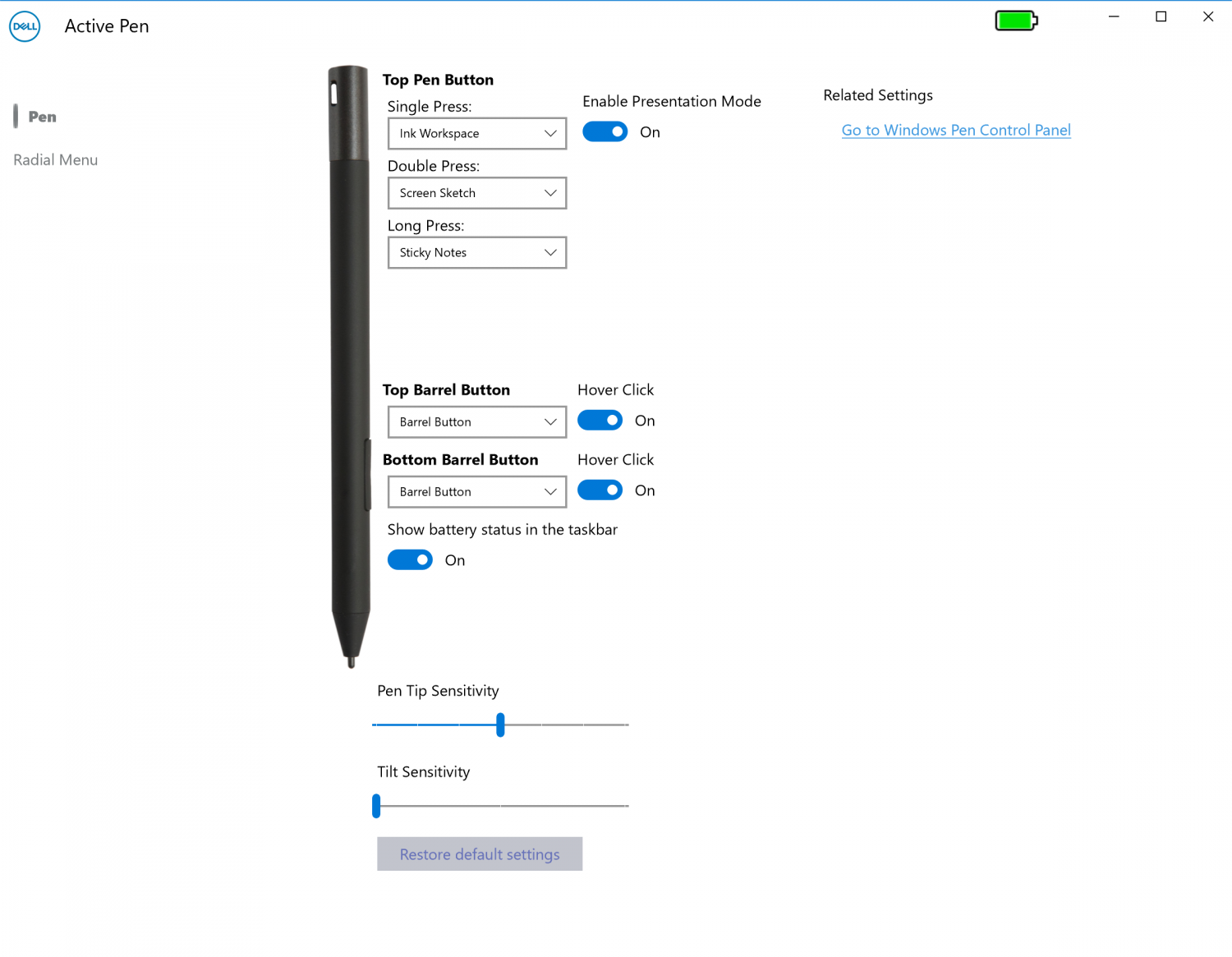 Dell Active Pen Control Panel