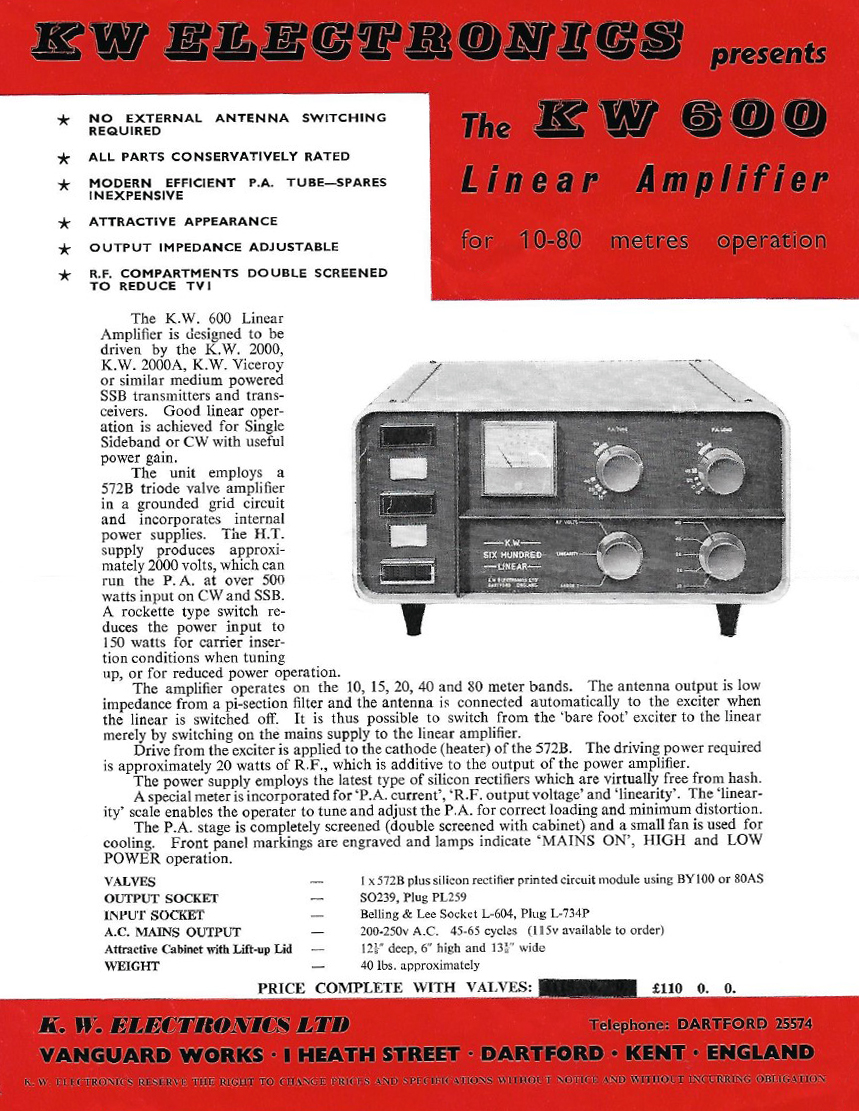 KW 600 Brochure (Source Guy Roberts G0UKN)