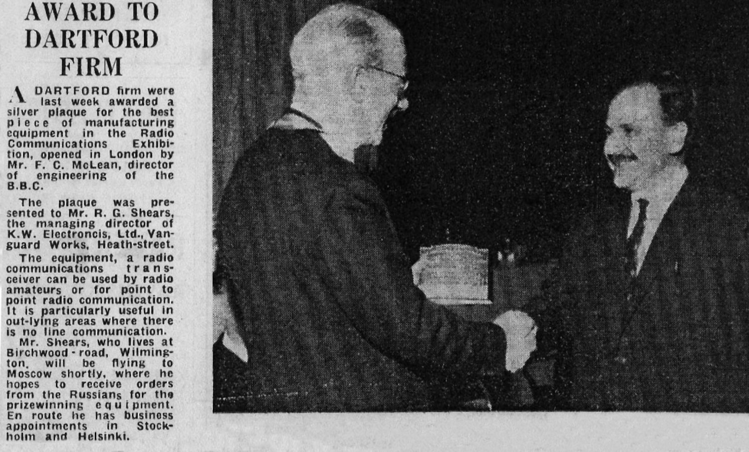 Newspaper Article - Award to Dartford Firm - Kentish Times 8th November 1963