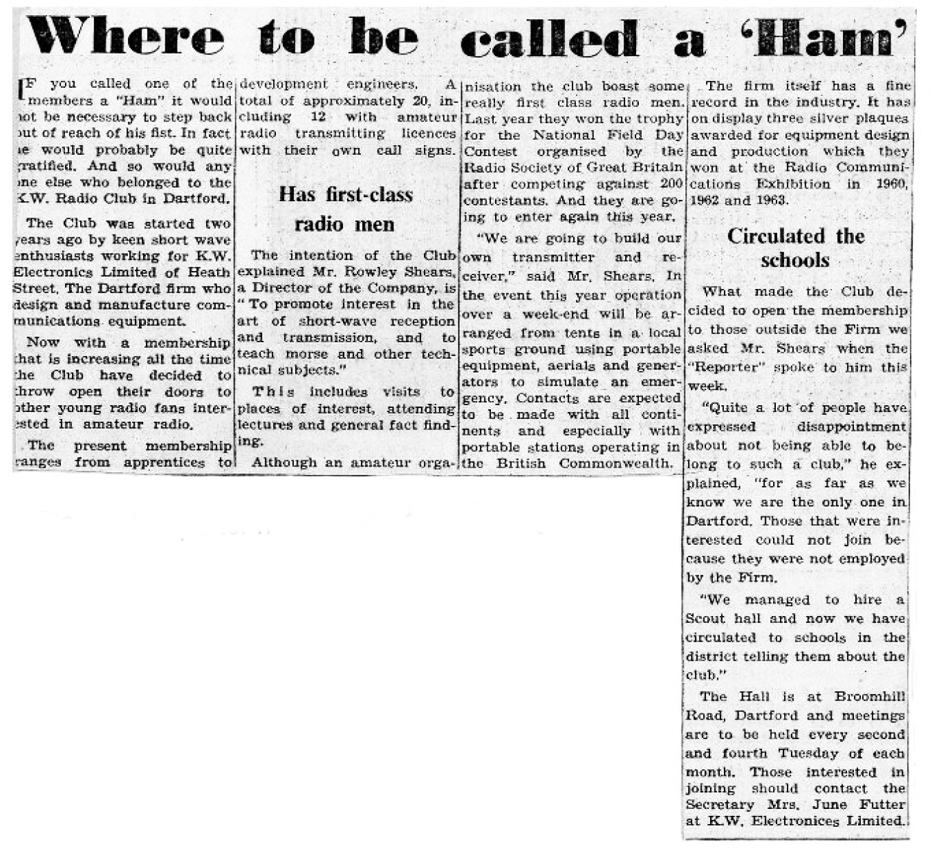 Newspaper Article - Where to be called a Ham - Dartford Reporter 14th May 1965