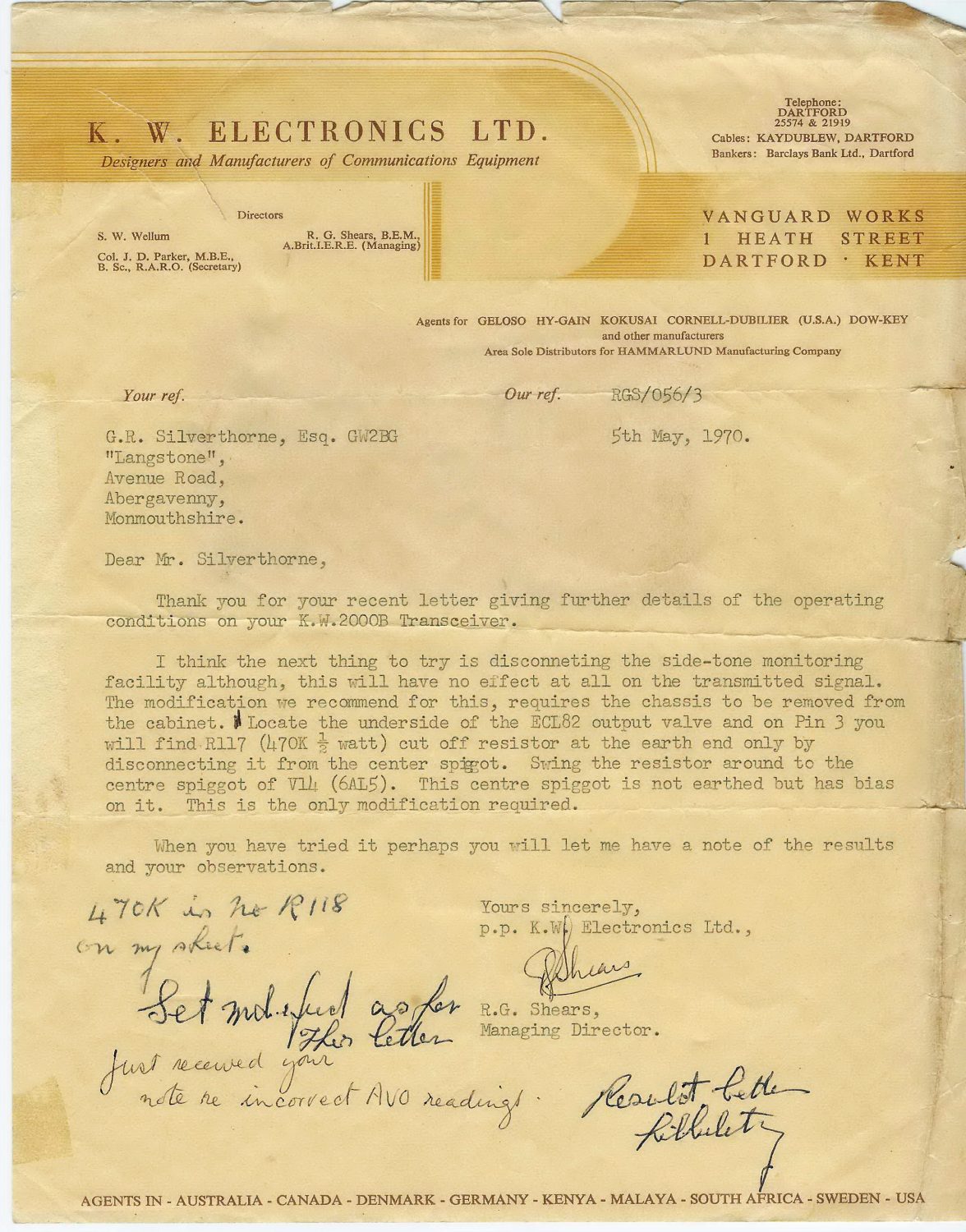 Roly Shears letter to customer about a KW 2000B (1970-05)