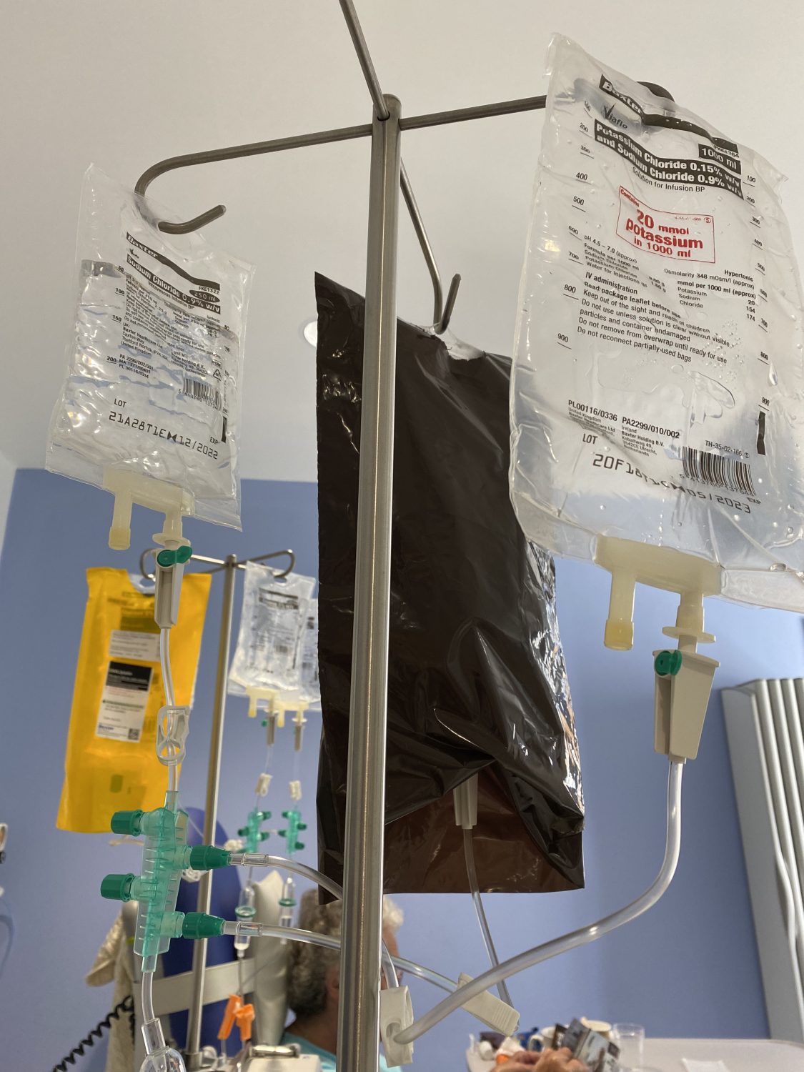 The stuff in covered bags are the Chemo drugs, they do not like daylight