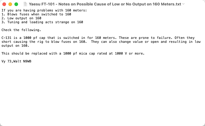 Notes on Possible Cause of Low or No Output on 160 Meters