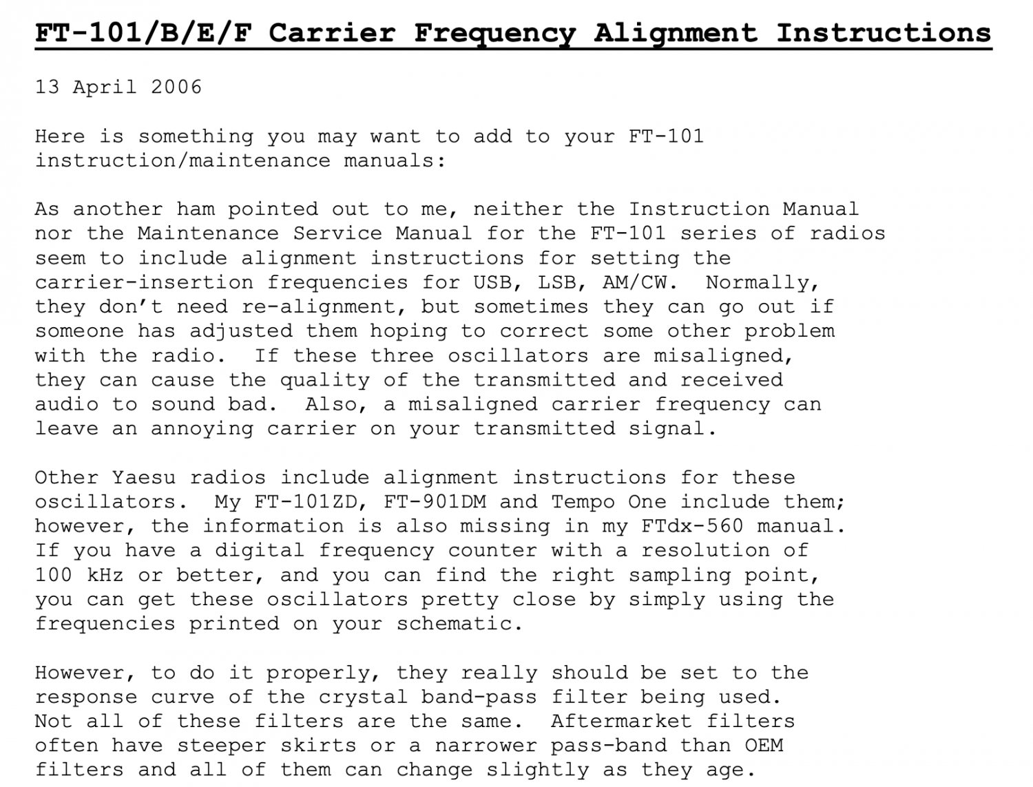 Yaesu FT-101 - Carrier Frequency Alignment (By John Kiljan N0BUP)