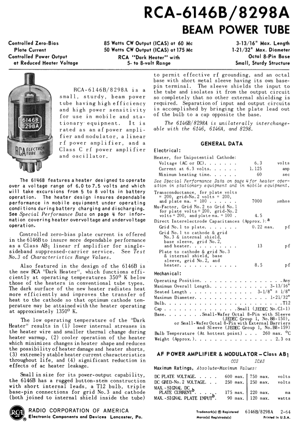 Yaesu FT-101 - Final Drive Tubes 6146B Datasheet