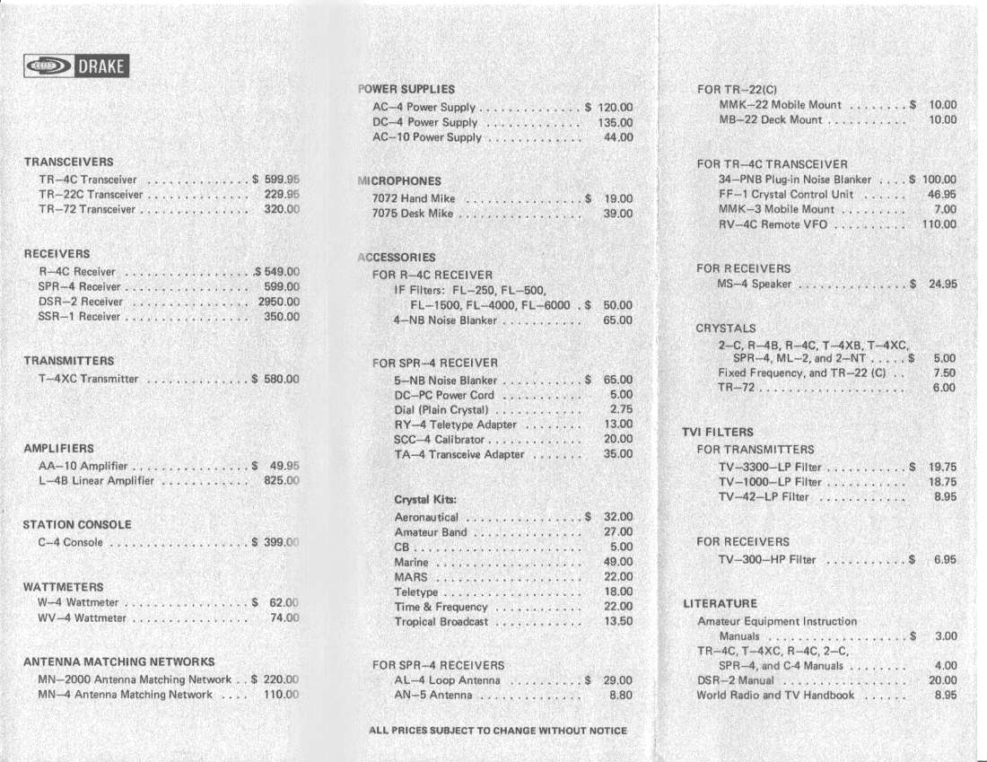 Drake Equipment Price List (1975-07)