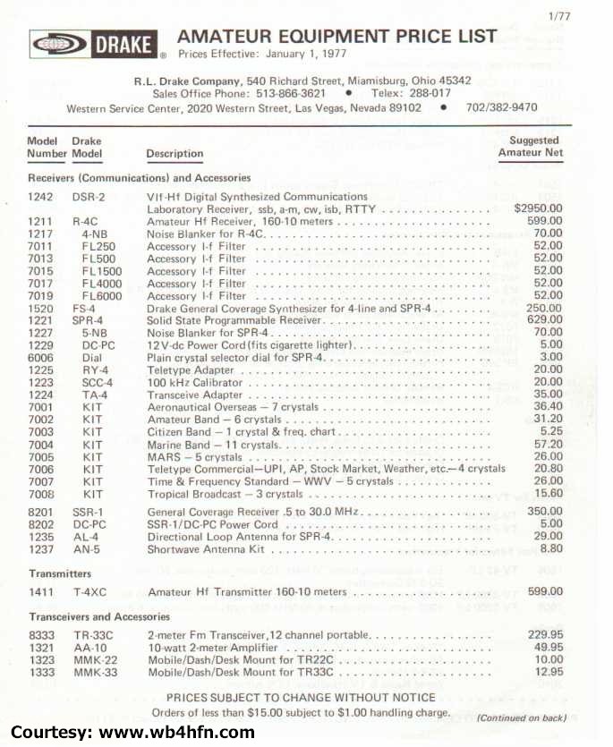 Drake Equipment Price List (1977-01) Page 01