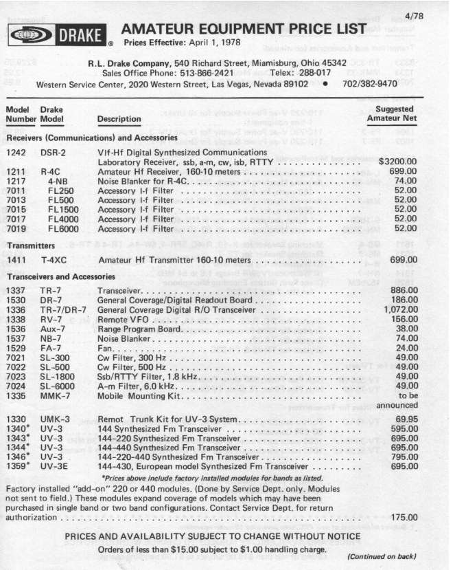 Drake Equipment Price List (1978-04) Page 01
