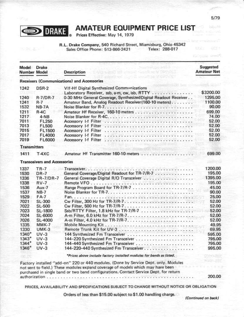 Drake Equipment Price List (1979-05)