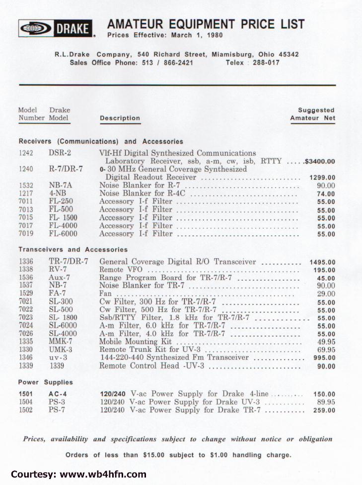 Drake Equipment Price List (1980-03)
