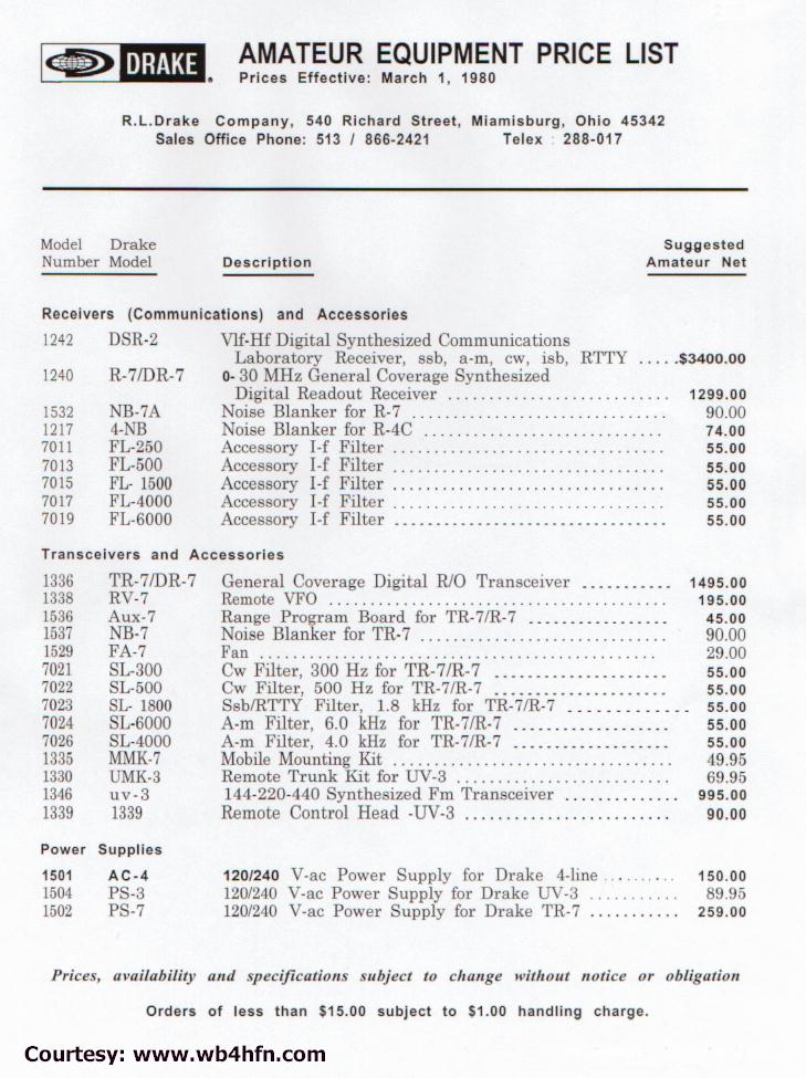 Drake Equipment Price List (1984-03)