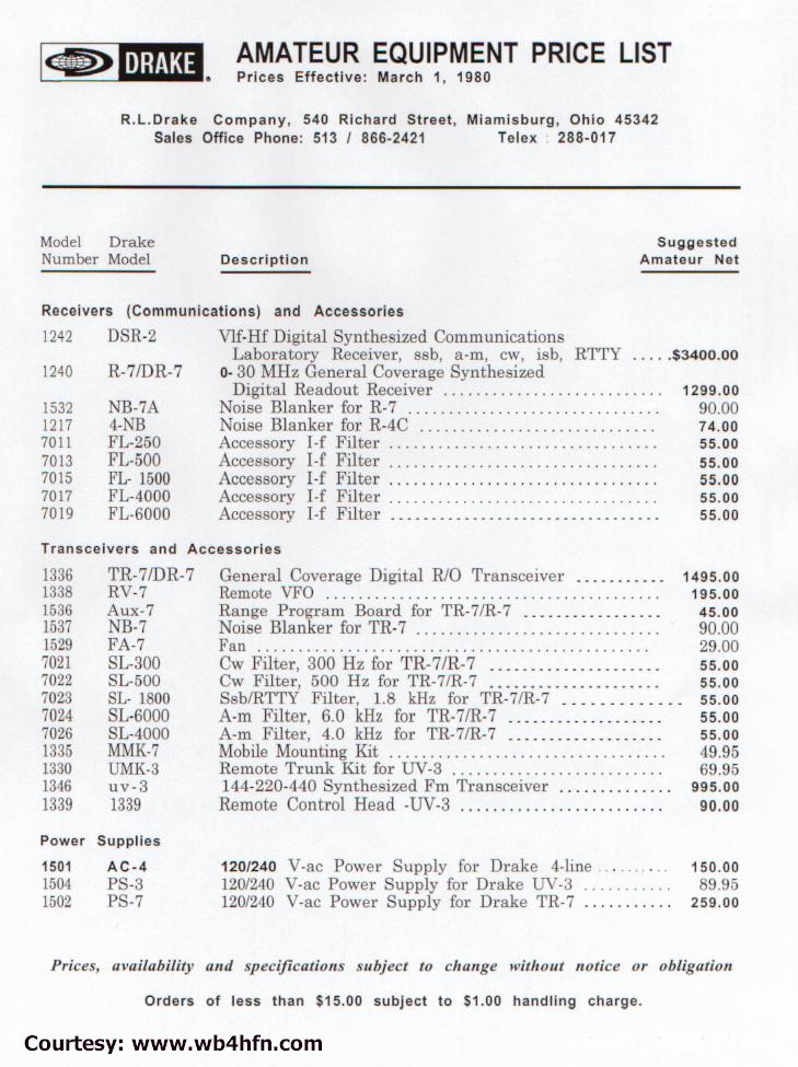 Drake Equipment Price List (1984-03)