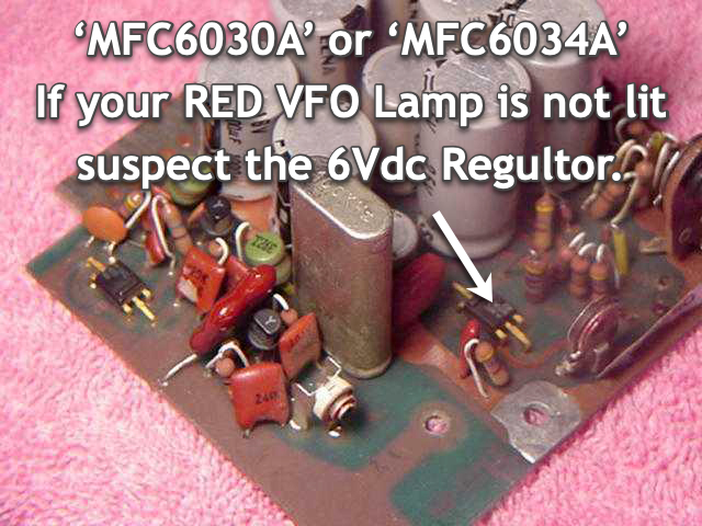 Photo of PB-1314A Power Regulator Module showing the location of the 6Vdc Regulator that often causes the 'No Red VFO Lamp' Issue.