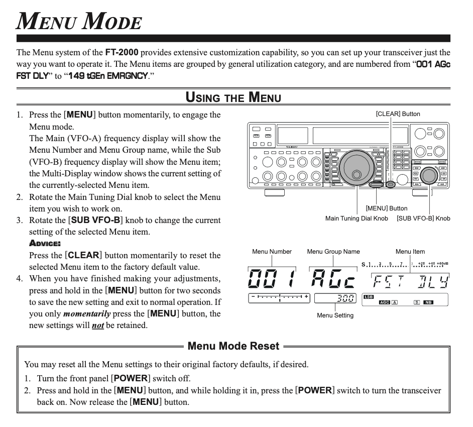 Yaesu FT-2000 Menu Setting Instruction Manual