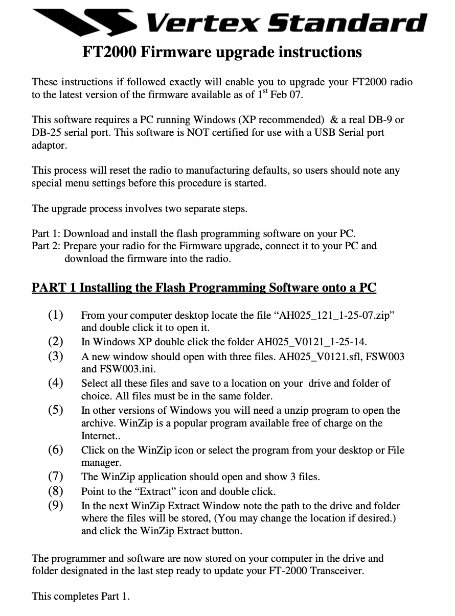 Yaesu FT-2000 Firmware Update Proceedure Manual (01-02-2007)