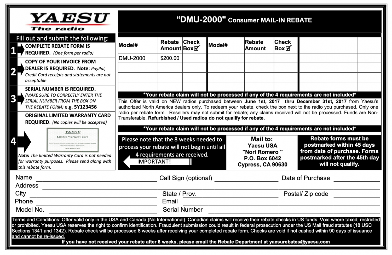 Yaesu DMU-2000 Extended Rebate Card