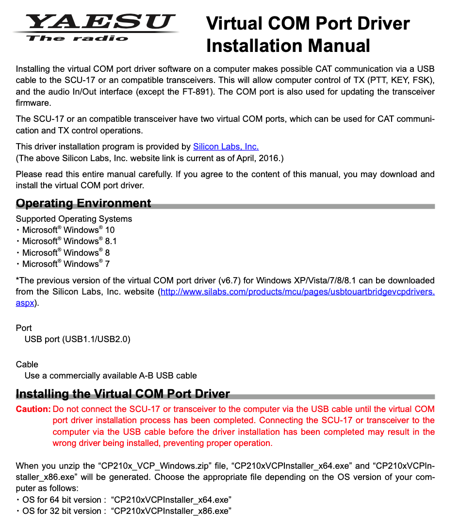 Yaesu Virtual COM Port Driver Installation Manual
