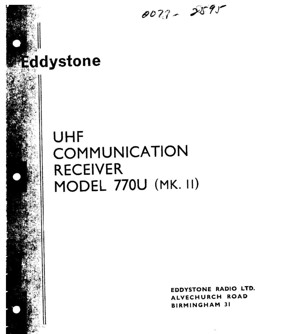 Eddystone Type 770U Mark 2 UHF Communications Receiver - Service Manual