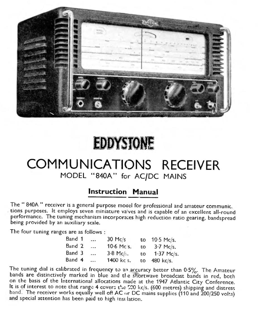 Eddystone Type 840A Communications Receiver - Service Manual