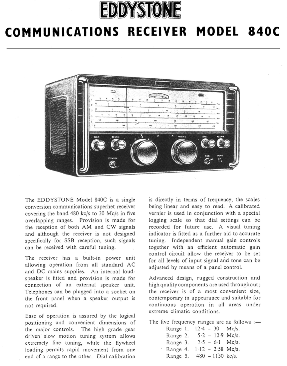 Eddystone Type 840C Communications Receiver - Instruction Manual