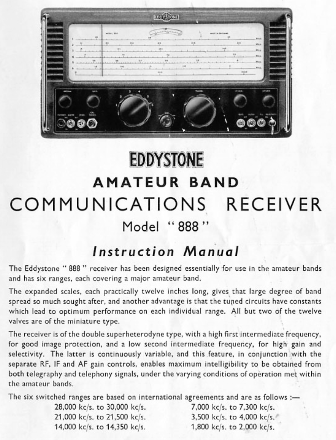 Eddystone Type 888 Amateur Band Communications Receiver - Instruction Manual