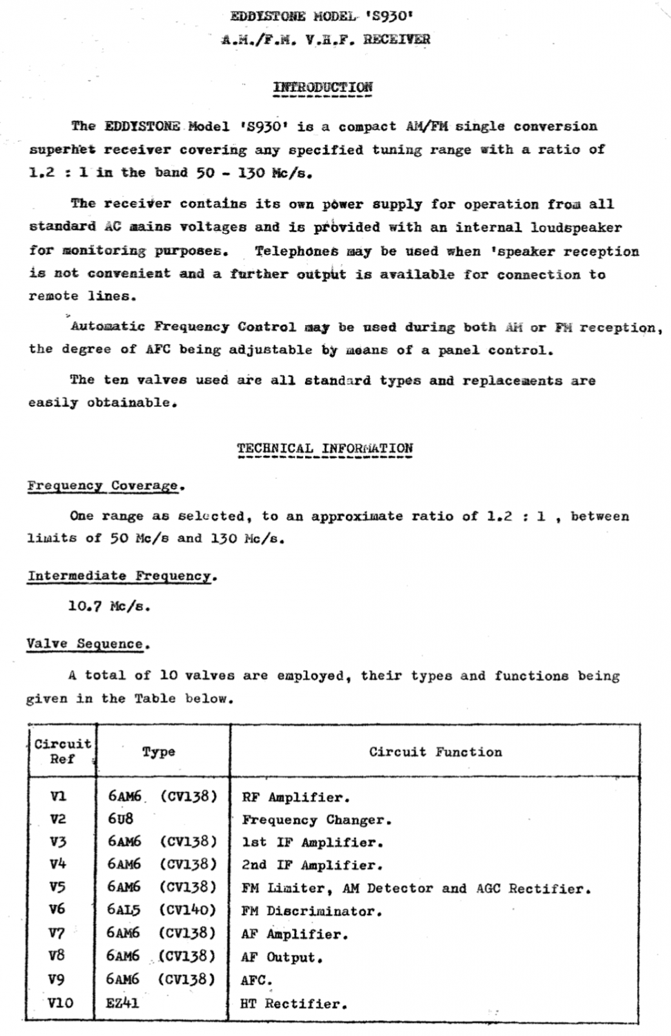 Eddystone Type S.930 AM/FM VHF Receiver - Instruction Manual