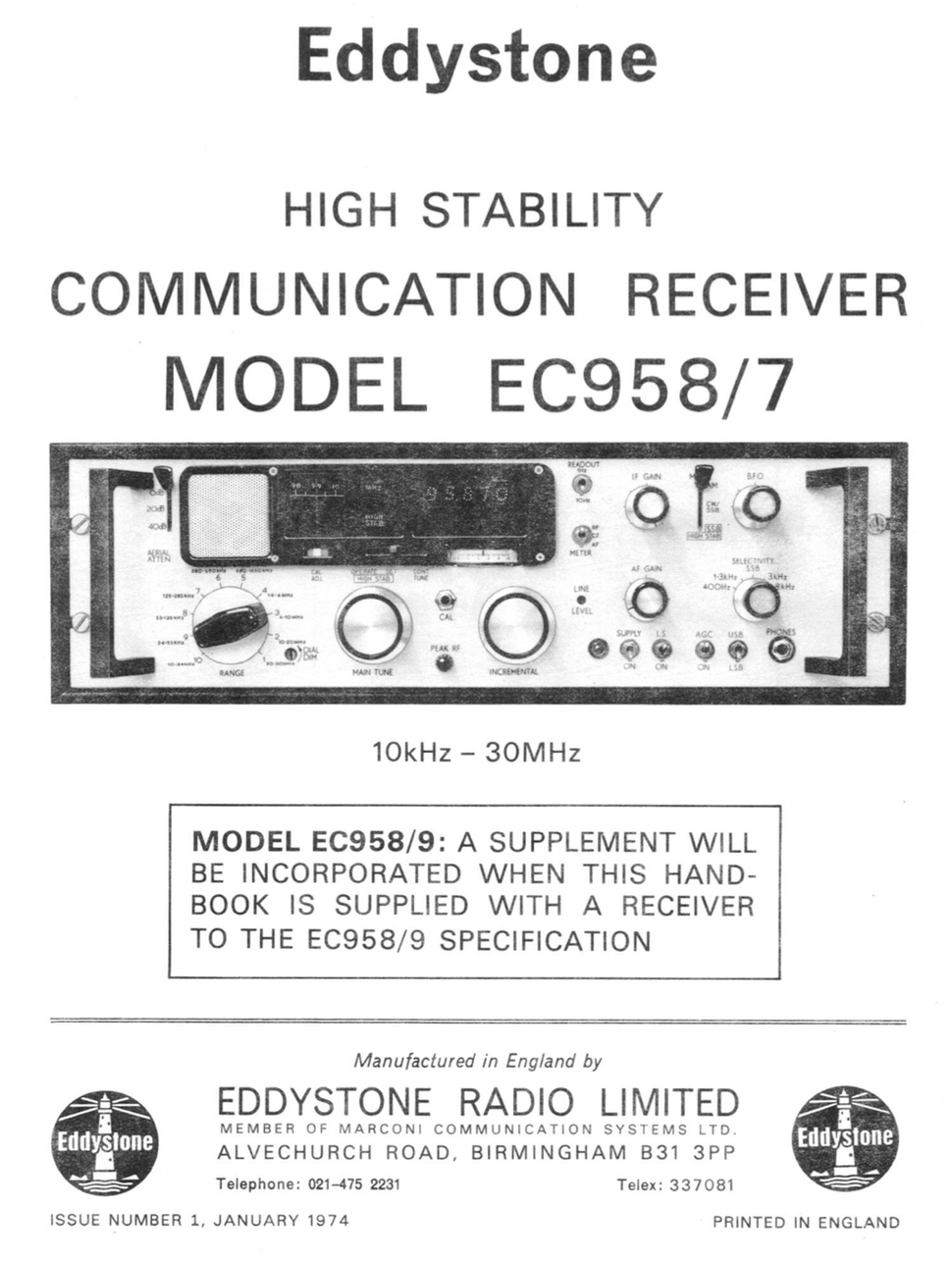 Eddystone Type EC958/7 High Stability Communications Receiverer - Service Manual