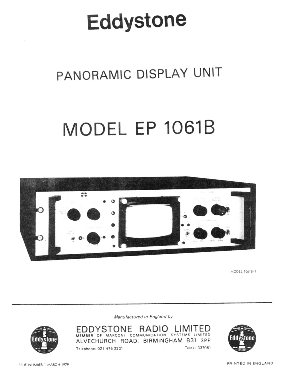 Eddystone Type EP1061B Panoramic Display Unit​ - Service Manual