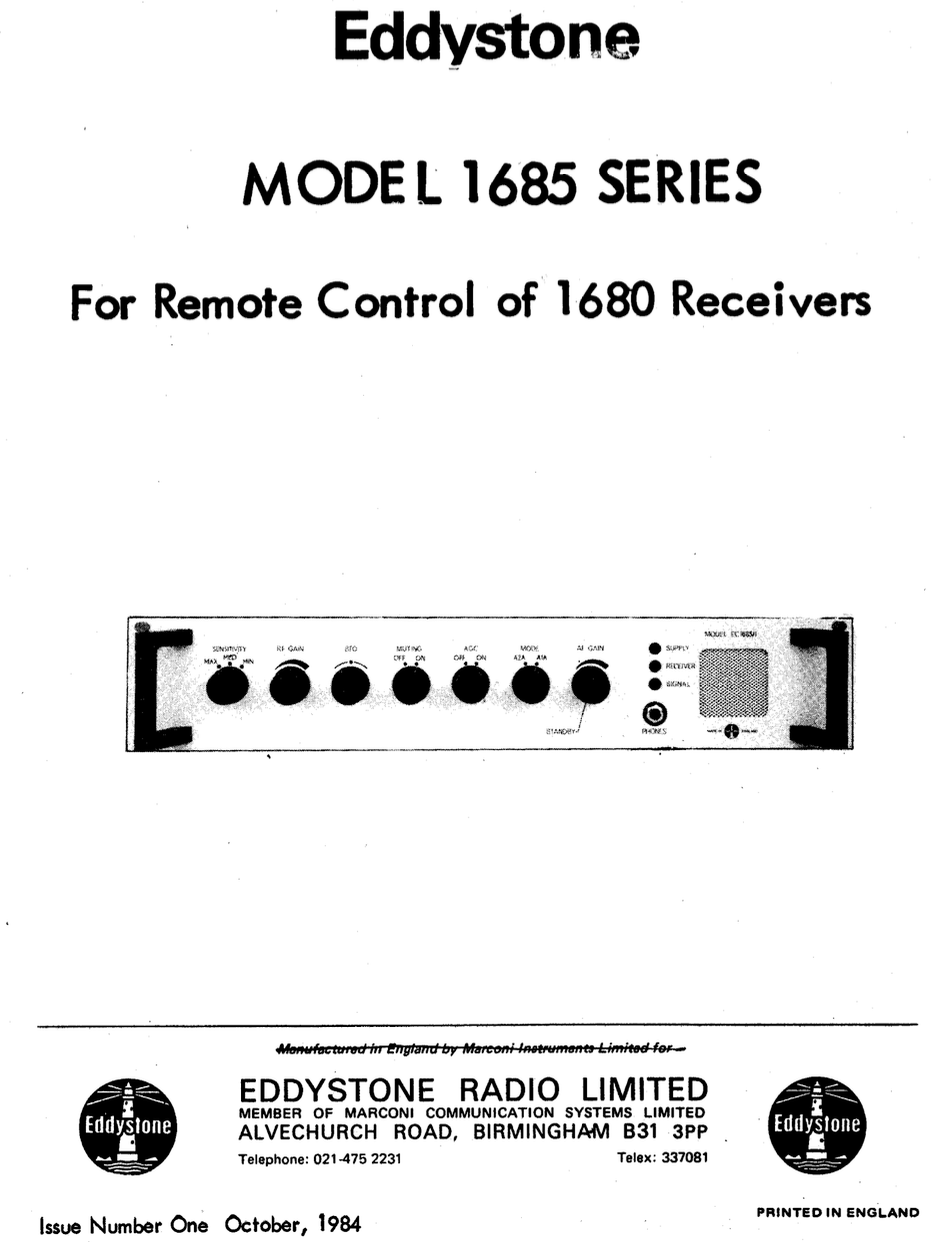 Eddystone Type 1685 Remote Control Unit - Instruction Manual