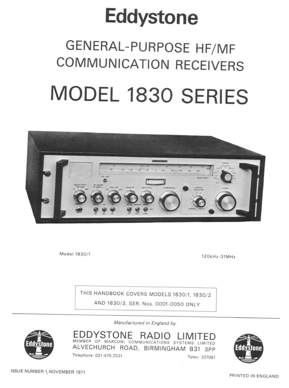 Eddystone Type 1830 HF/MF General Purpose Communications Receiver - Instruction Manual