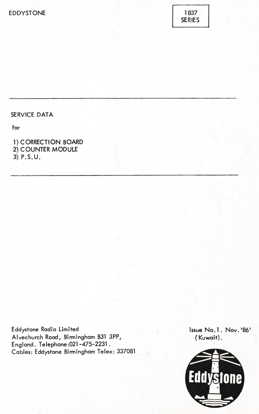 Eddystone Type 1837 General Purpose High Stability Communications Receiver - Service Data Supplement 2B