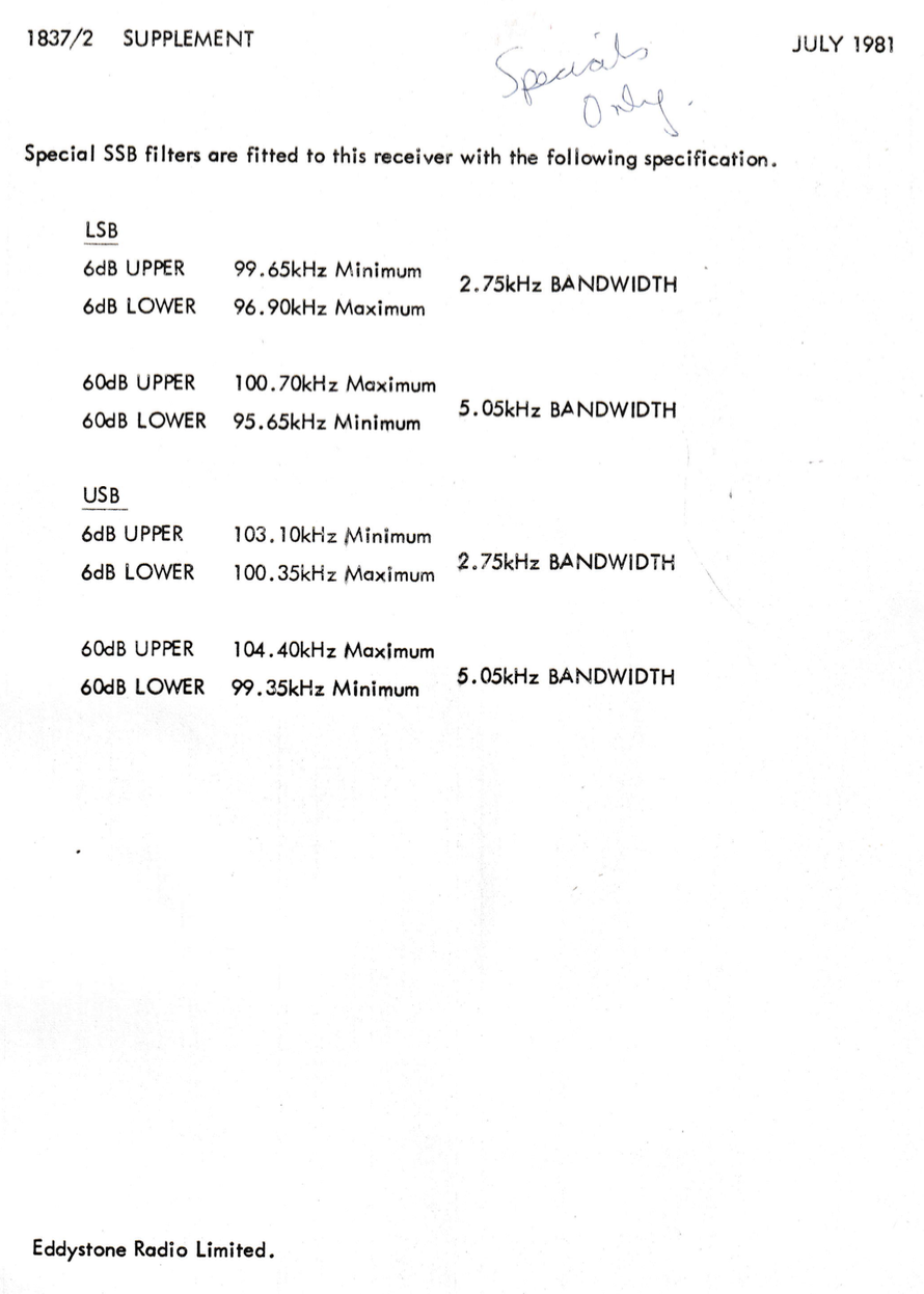 Eddystone Type 1837 General Purpose High Stability Communications Receiver - Service Data Supplement 2F