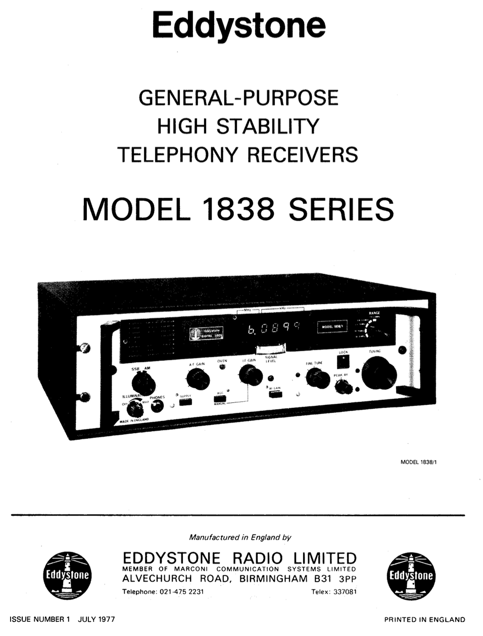 Eddystone Type 1838/1 General Purpose High Stability Telephony Receiver - Instruction Manual