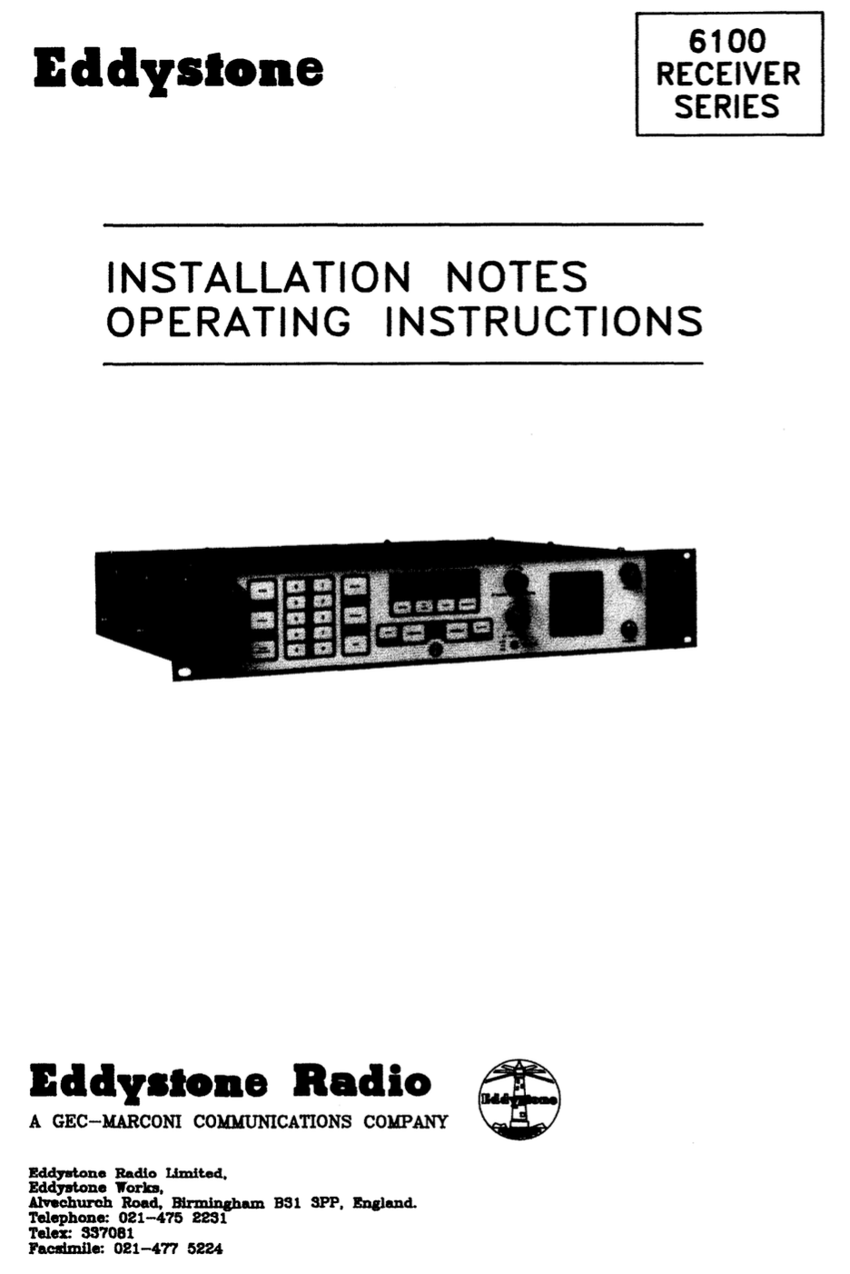 Eddystone Type 6100 Receiver - Instruction Manual