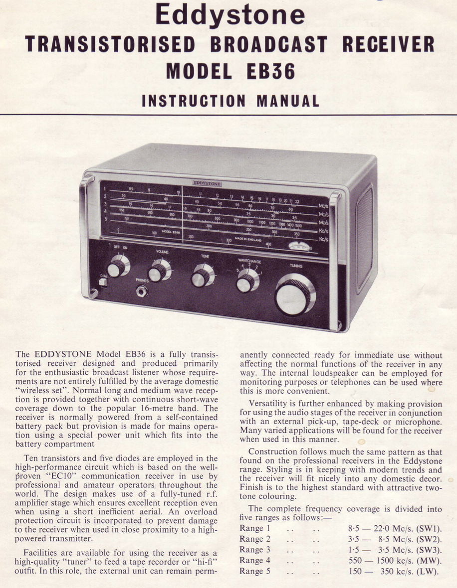 Eddystone Type EB36 Broadcast Receiver - Instruction Manual