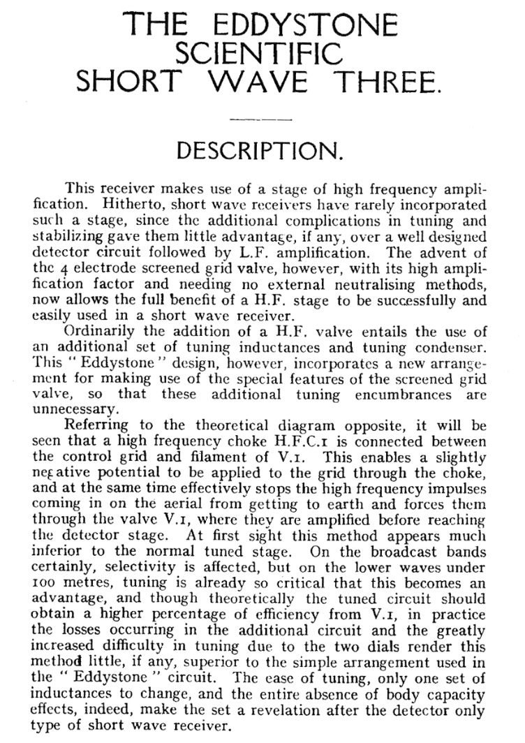 Eddystone Scientific Three Receiver - Circuit Description (1928)
