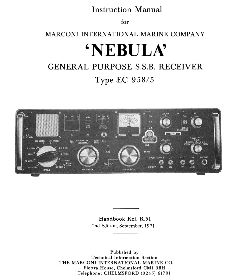 Eddystone Type EC958-5 "Nebula" General Purpose SSB Receiver - Instruction Manual