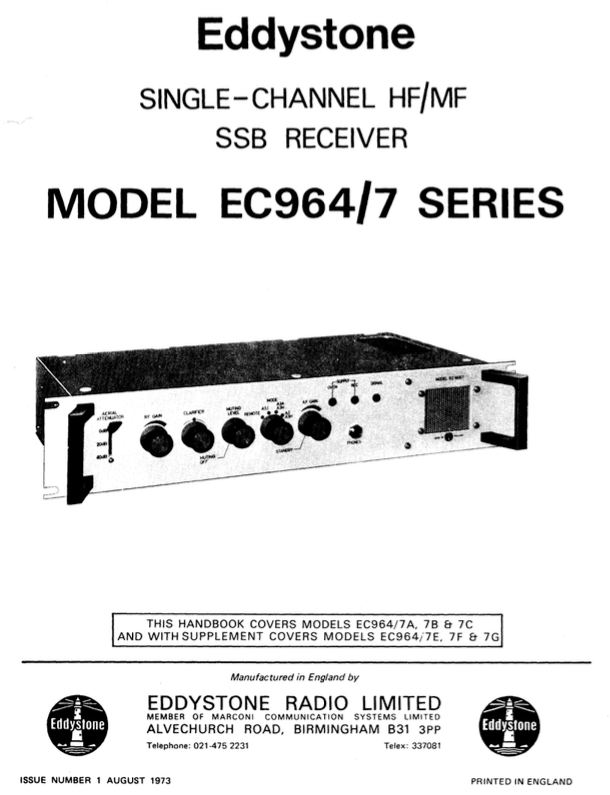 Eddystone Type EC964-7 Single Channel HF-MF SSB Receiver - Service Manual