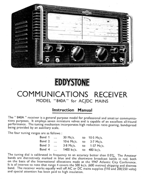 Eddystone Type 840A Communications Receiver - Instruction Manual