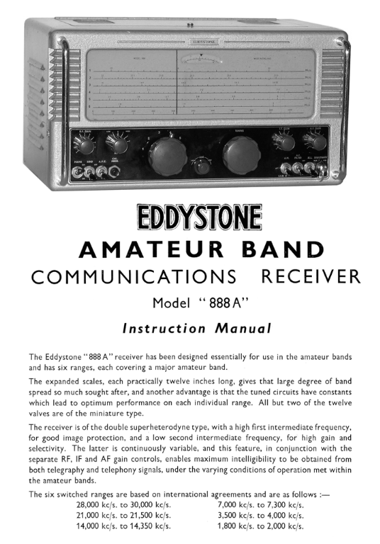 Eddystone Type 888A Amateur Band Communication Receiver - Instruction Manual