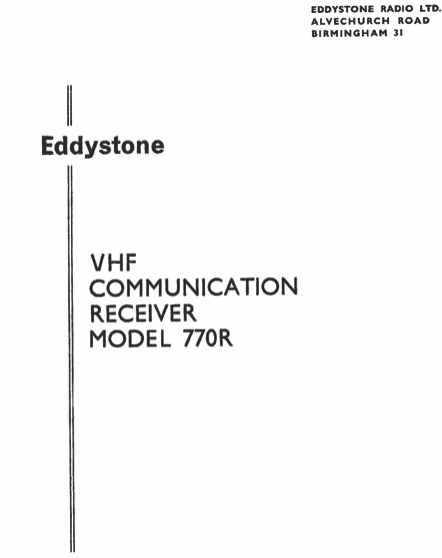 Eddystone Type 770R VHF Communications Receiver - Instruction Manual