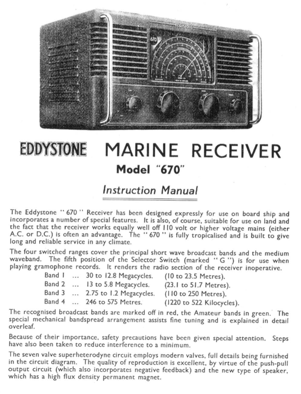 Eddystone Type 670 Communications Receiver - Instruction Manual