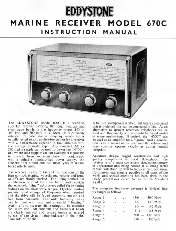 Eddystone Type 670C Marine Receiver - Instruction Manual