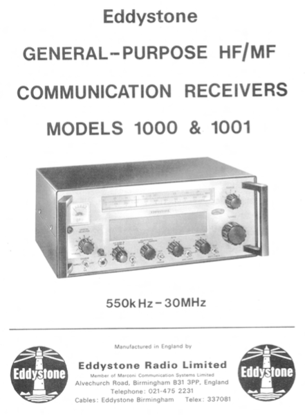 Eddystone Type 1000 & 1001 General Purpose HF/MF Communication Receiver - Service Manual